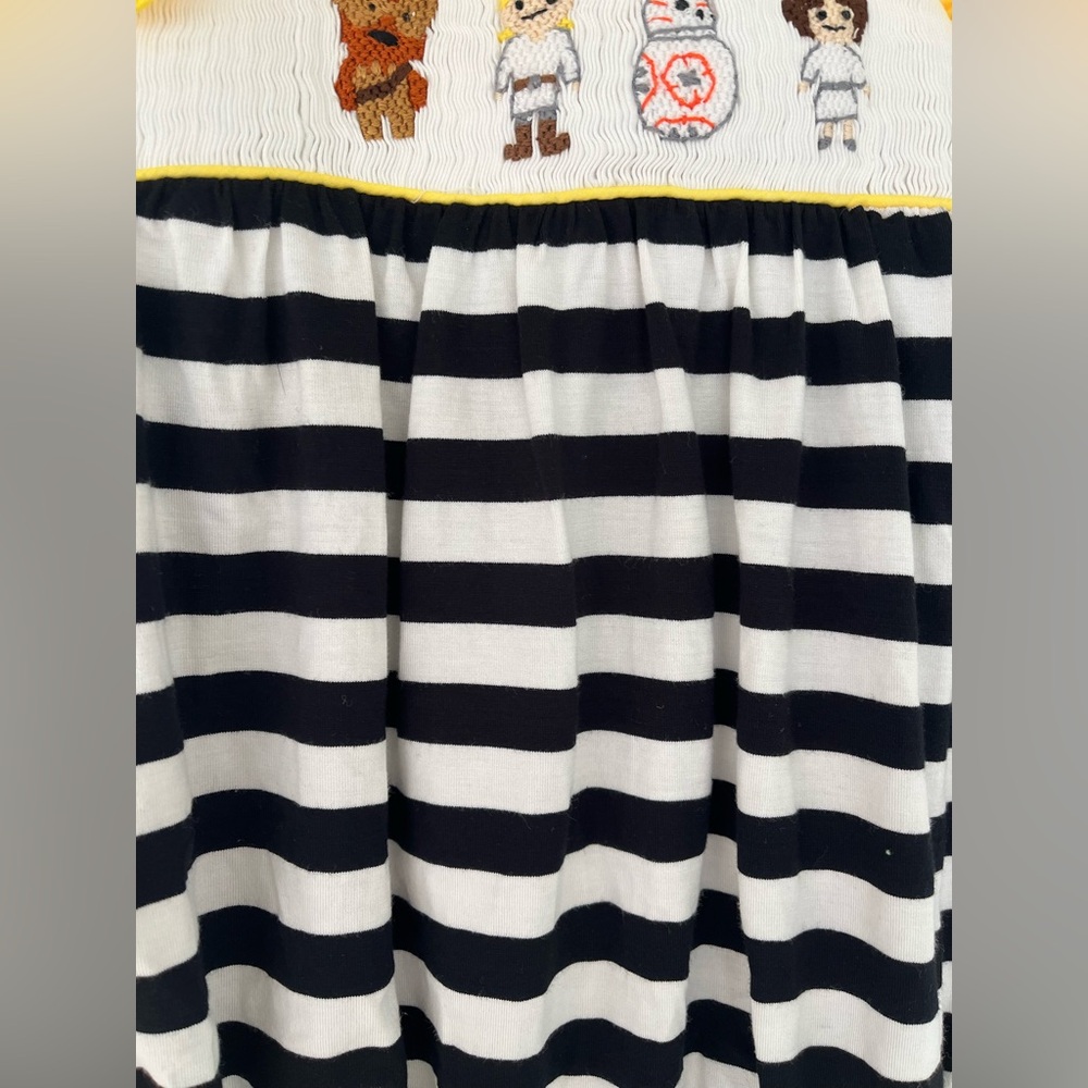 Awe Smocks Star Wats Smocked Stripe Black & White Bubble 1 Piece Yellow Ruffles - Picture 12 of 14